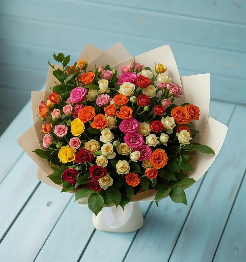 Букет Микс из разноцветных кустовых роз в Новой Игирме